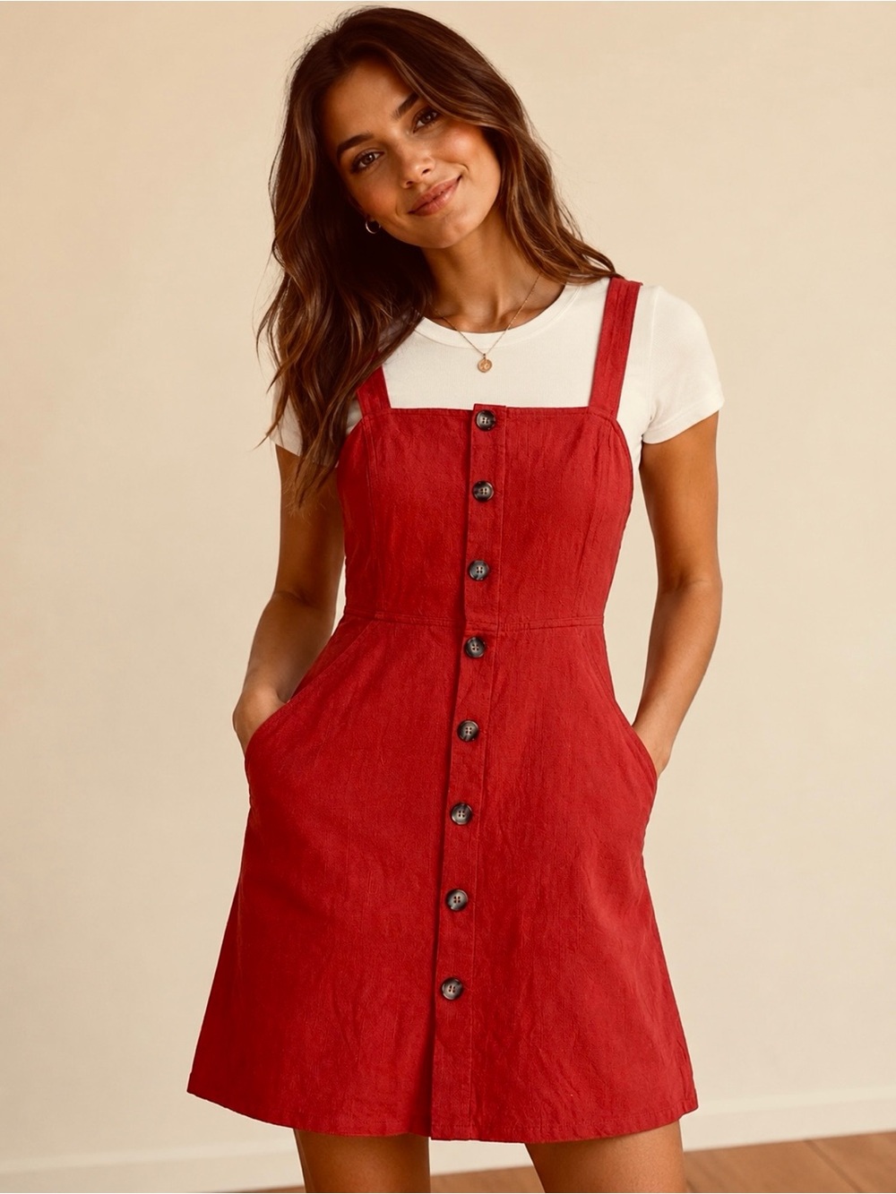 HYFVE Linen Blend Burnt Orange Button Down Jumper Dress with Pockets